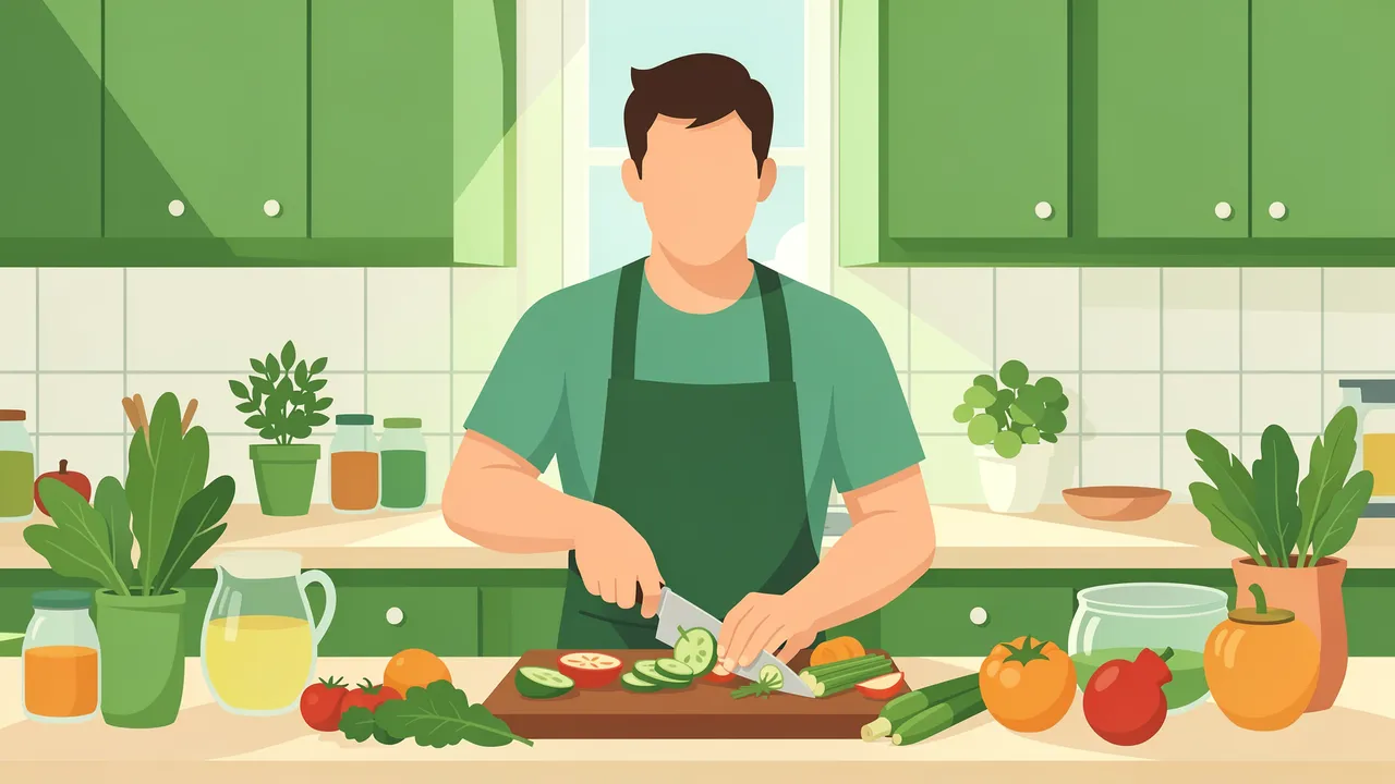Faceless man in an apron chops fresh vegetables on a wooden cutting board in a bright green kitchen