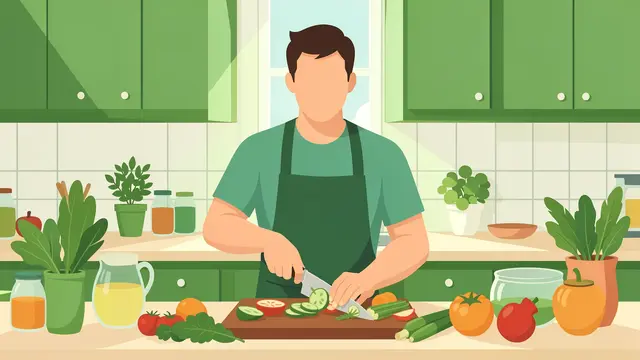 Faceless man in an apron chops fresh vegetables on a wooden cutting board in a bright green kitchen