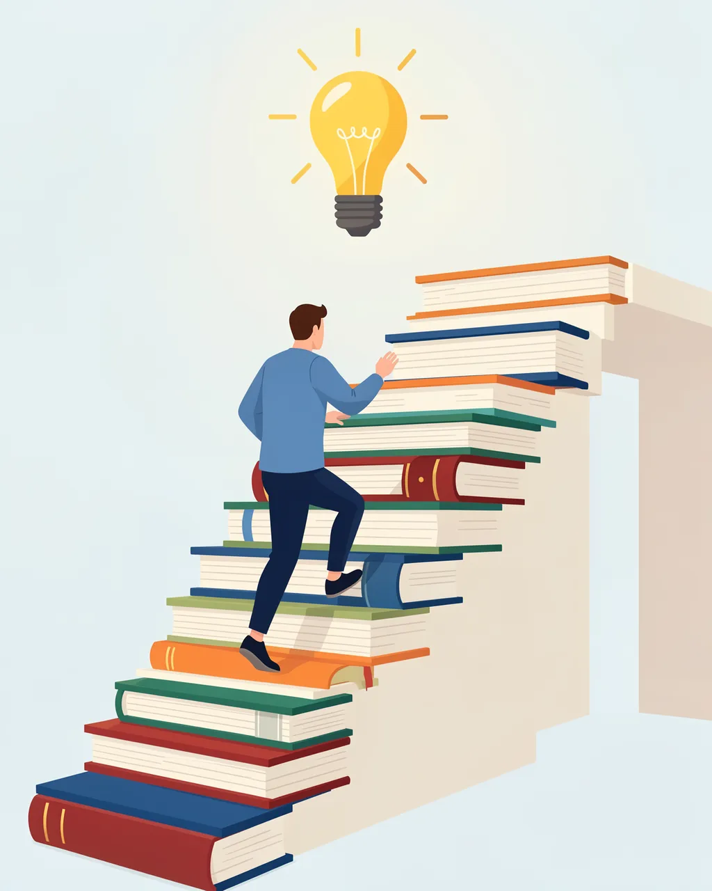 A faceless man climbs a staircase of stacked books toward a glowing lightbulb representing an idea