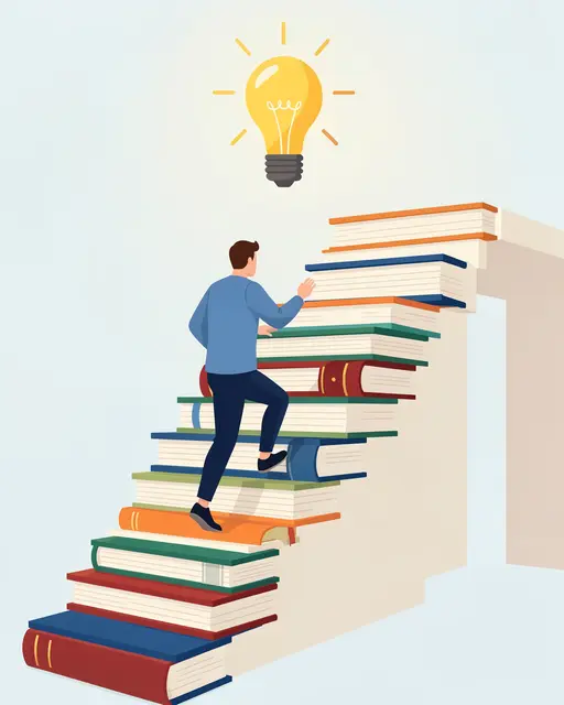 A faceless man climbs a staircase of stacked books toward a glowing lightbulb representing an idea