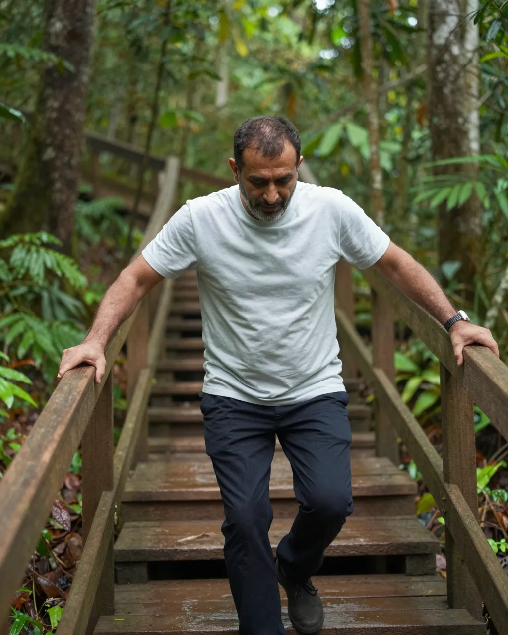 A Middle Eastern man in his forties climbs a steep wooden rainforest staircase, holding both railings for support.
