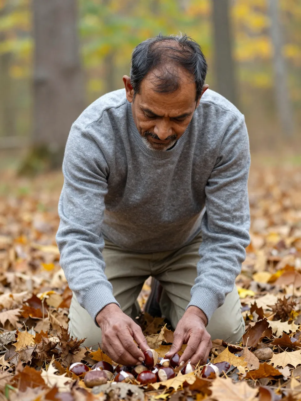 A South Asian man kneels to gather chestnuts from fallen autumn leaves in a forest