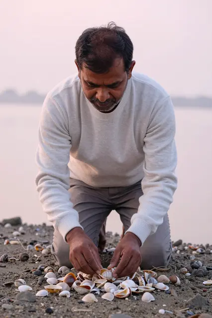 A South Asian man kneels on a pebbly tideline sorting seashells under soft pink dawn light