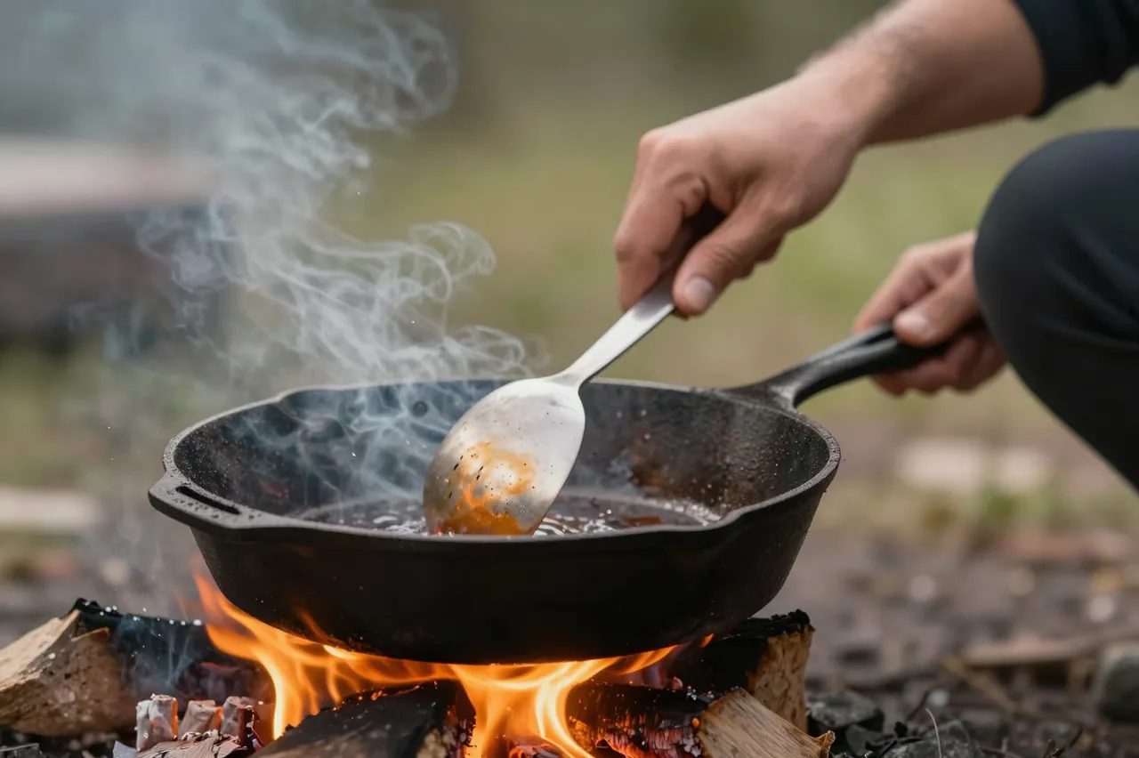 A person stirs food in a cast iron pan placed over an open campfire outdoors