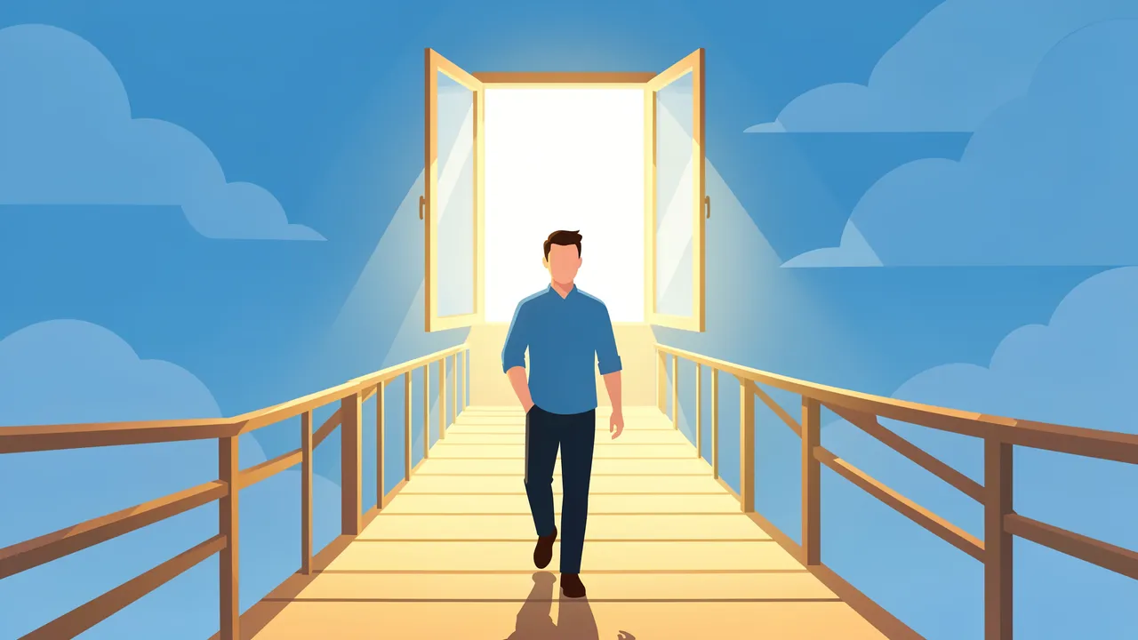 Faceless man walks along a lit bridge toward a glowing open window set in a cloudy blue sky
