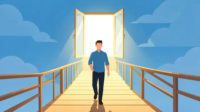 Faceless man walks along a lit bridge toward a glowing open window set in a cloudy blue sky