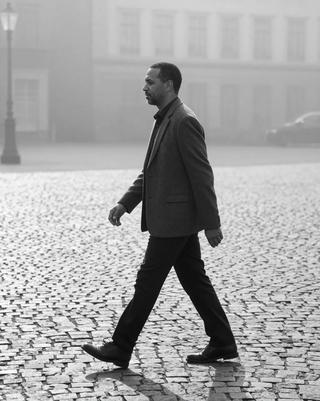 A mixed-race man in a blazer walks across a cobblestone square in thick morning fog