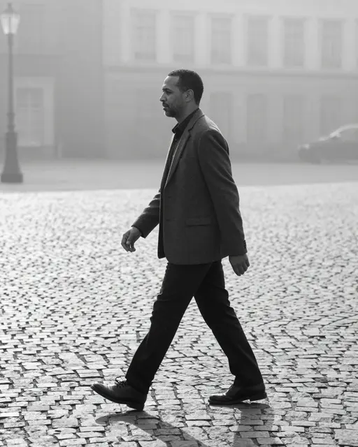 A mixed-race man in a blazer walks across a cobblestone square in thick morning fog