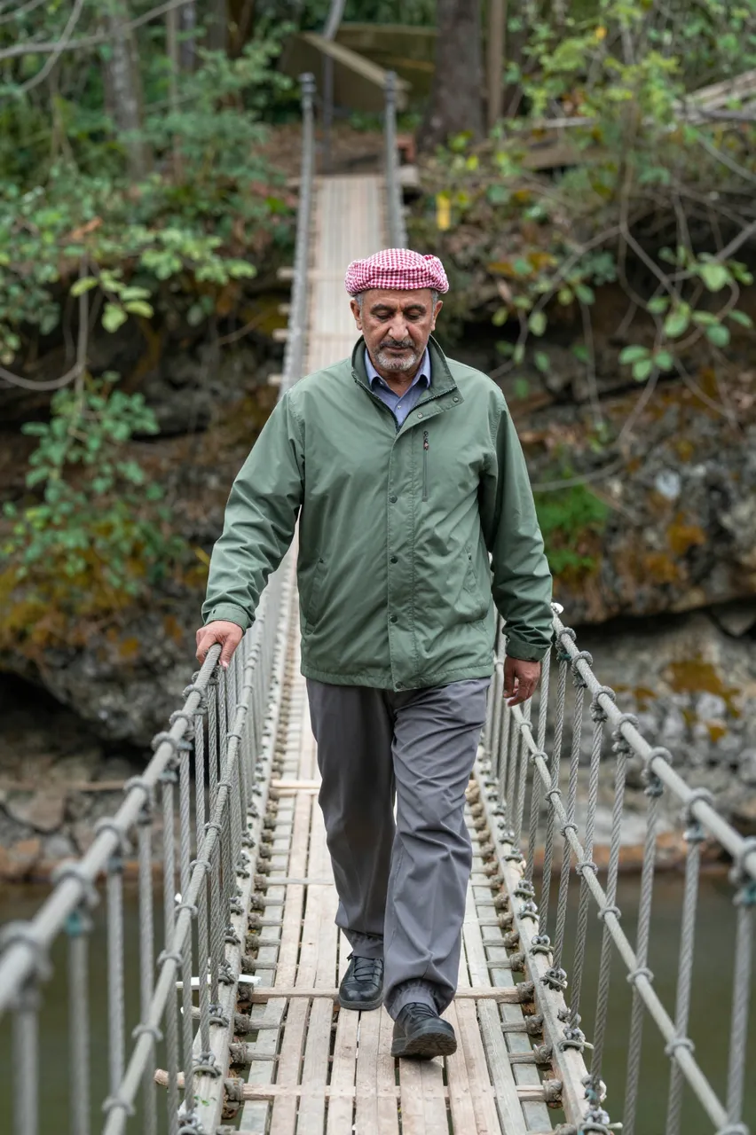 Middle Eastern man in a green jacket walks across a wooden suspension footbridge over a forested gorge
