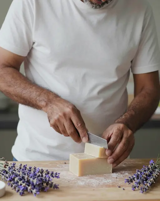 A South Asian man cuts a soap block on a wooden table next to lavender sprigs