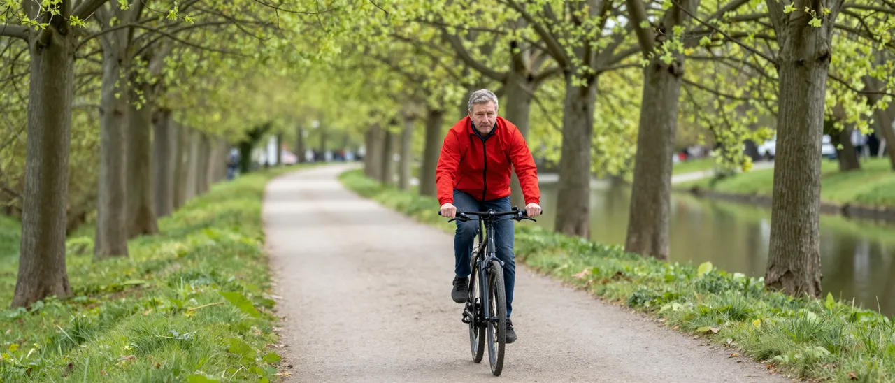 Middle aged man in a red jacket rides a bicycle along a tree lined canal towpath