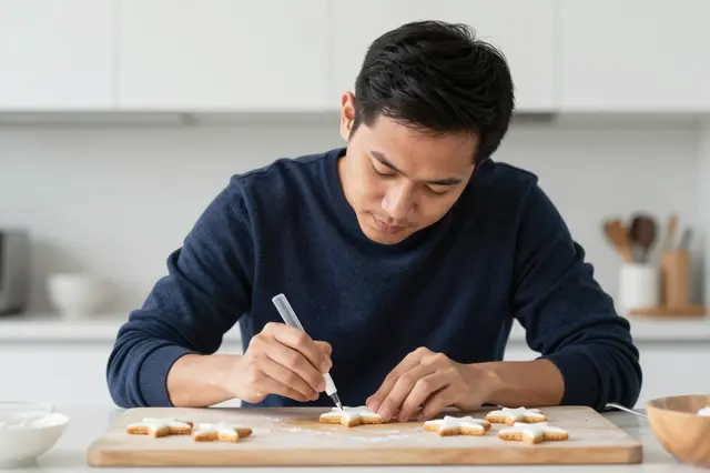Southeast Asian man in a navy sweater pipes icing onto star shaped cookies on a kitchen counter