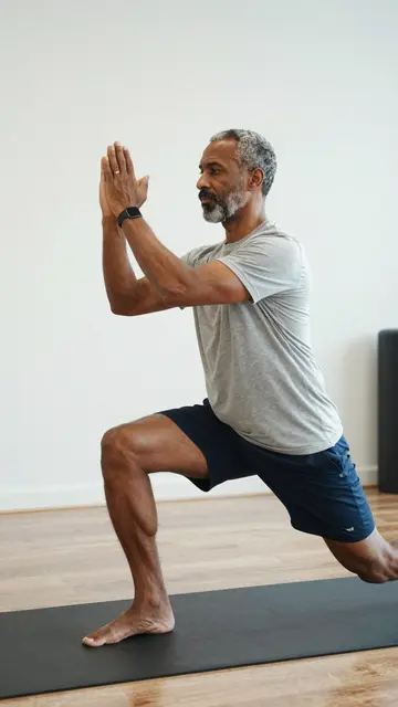 Mixed-race man in his forties holds a lunge pose on an exercise mat in a bright studio side view