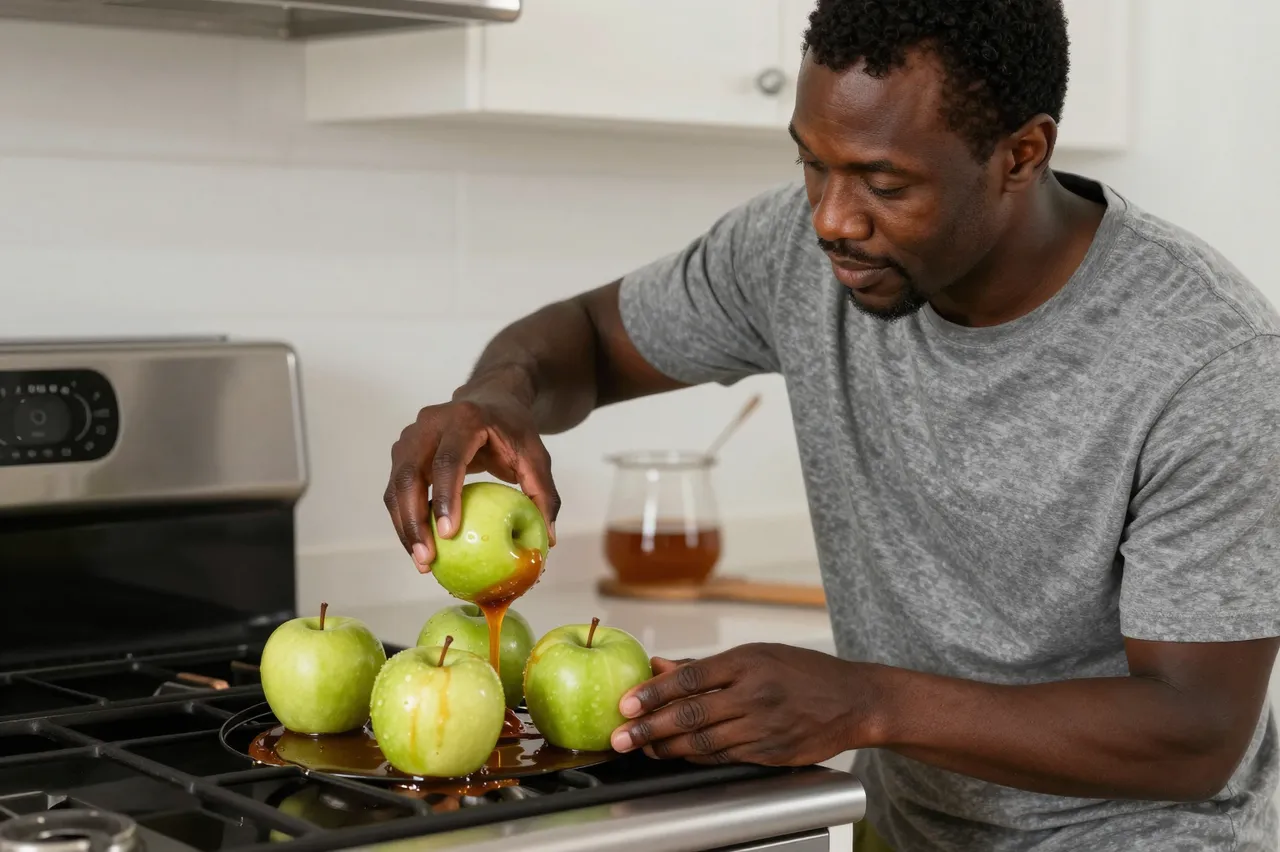 A Black man in his forties prepares caramel apples over a kitchen stove at home.