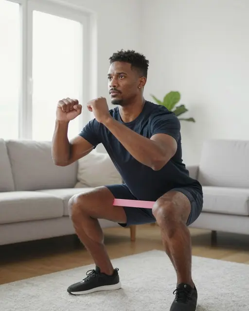 A mixed-race man in his thirties performs a resistance band squat in a bright living room