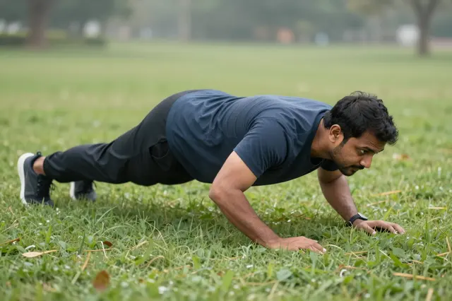 A South Asian man in his forties performs a bear crawl on grass in a hazy park at dawn.