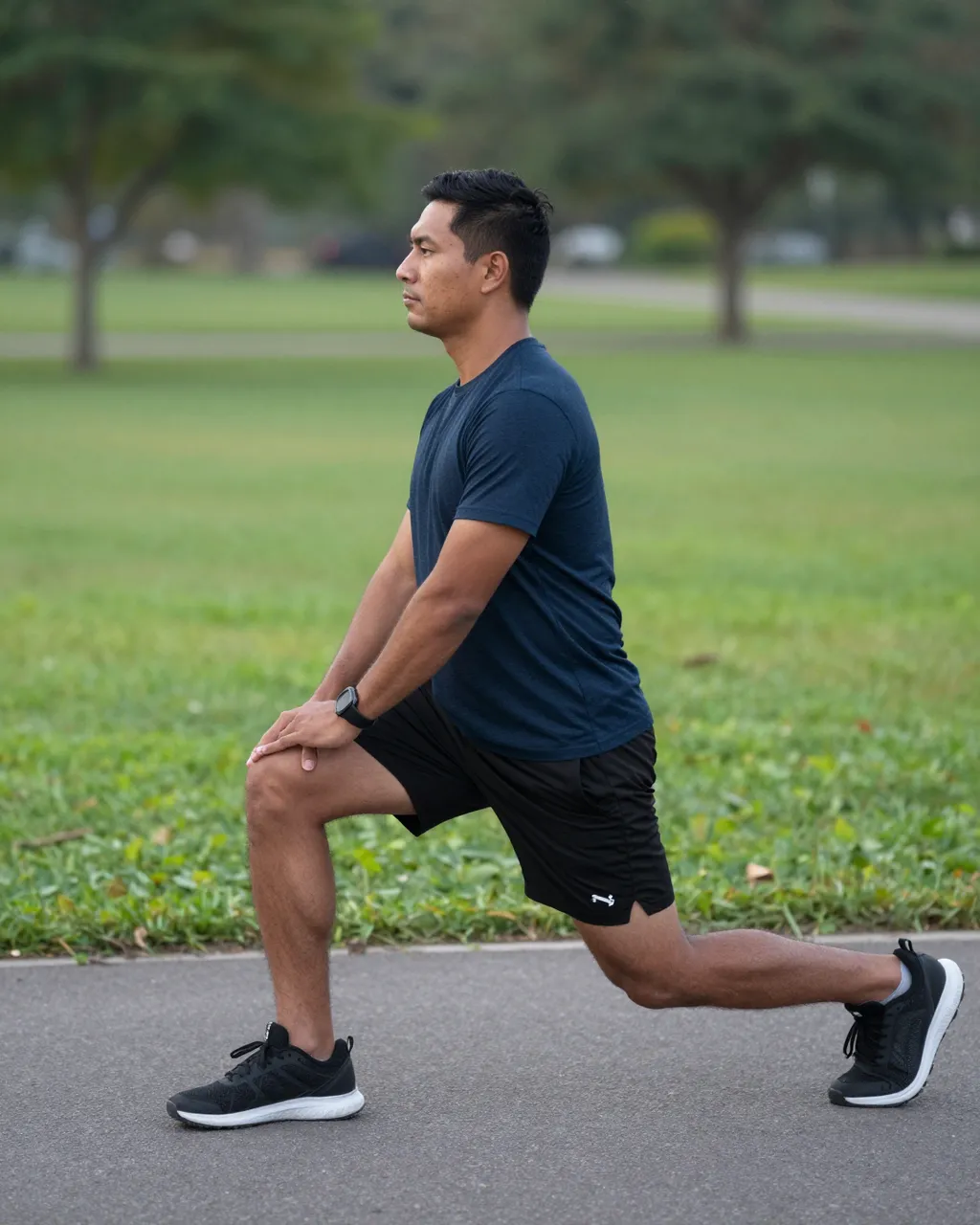 Side view of an Indigenous man in his thirties holding a lunge stretch on a park paved path at dawn