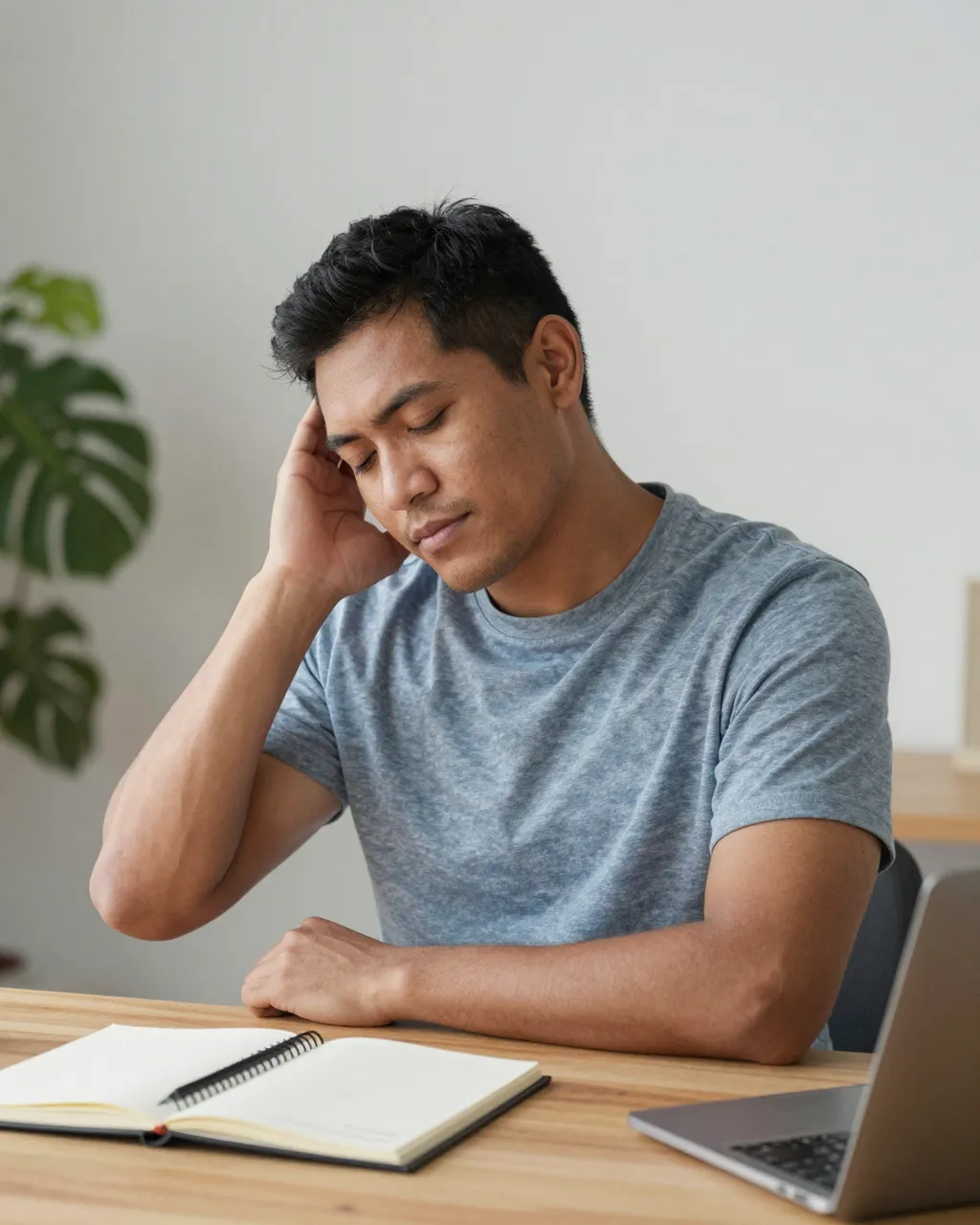Indigenous man in his thirties does a gentle neck stretch while seated at a sunny wooden work desk with an open notebook