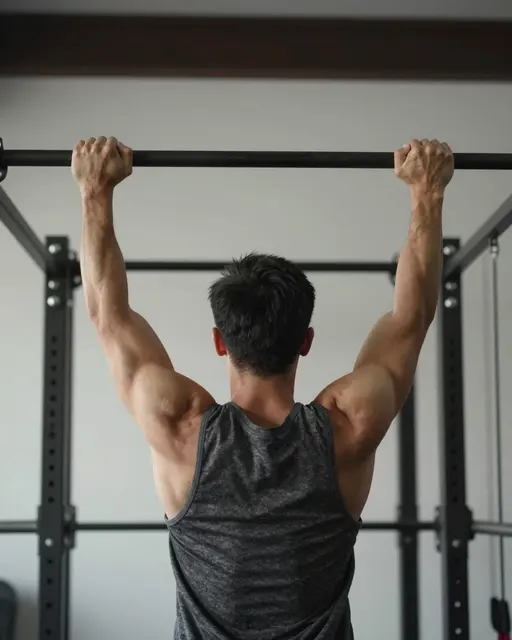Seen from behind, a man grips a pull-up bar while exercising on a gym rig