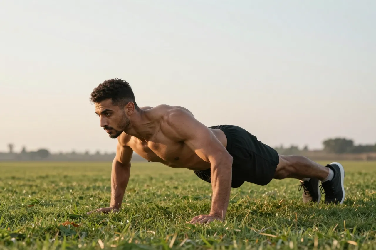Muscular shirtless Middle Eastern man holds a push up position on a grassy field during soft sunrise light.