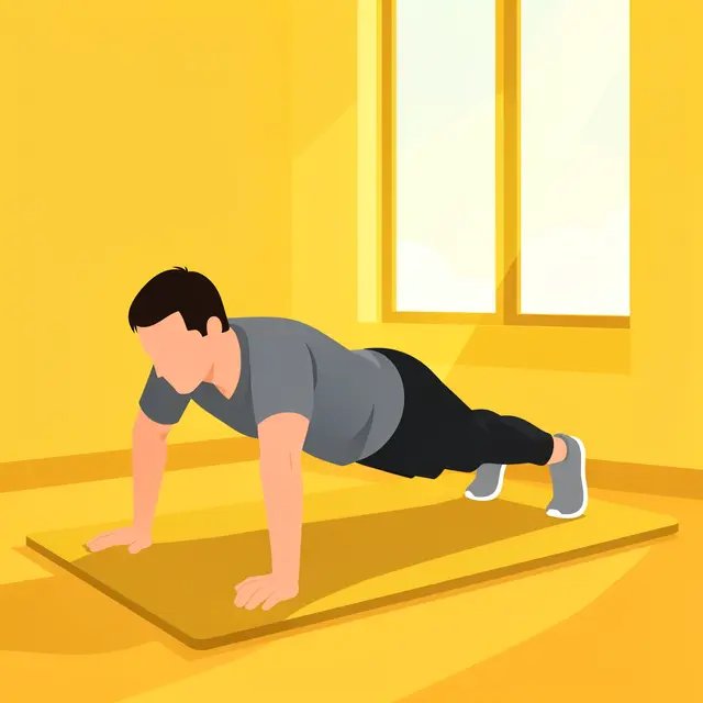 Faceless man holds a push up position on a exercise mat next to a sunny window