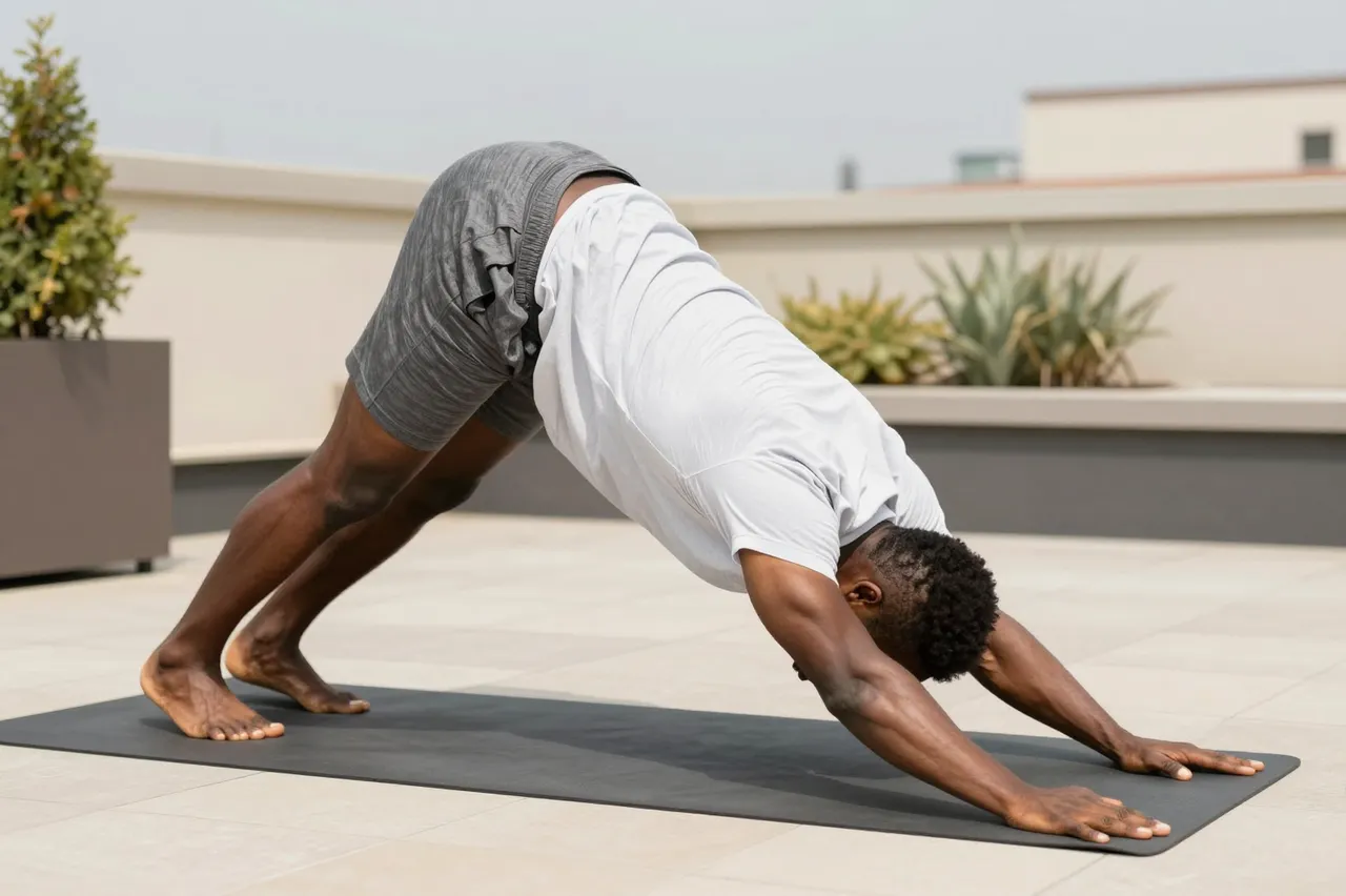 Black man performing downward dog yoga pose on a mat in a sunny rooftop garden