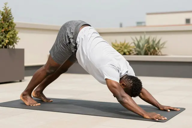 Black man performing downward dog yoga pose on a mat in a sunny rooftop garden