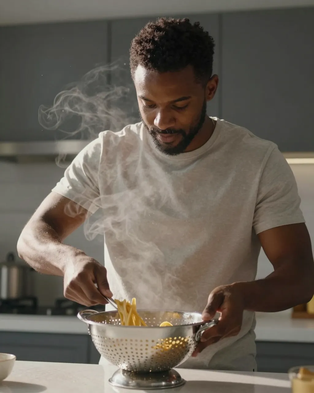 Man in a plain t-shirt prepares hot steaming pasta in a colander in a modern evening kitchen