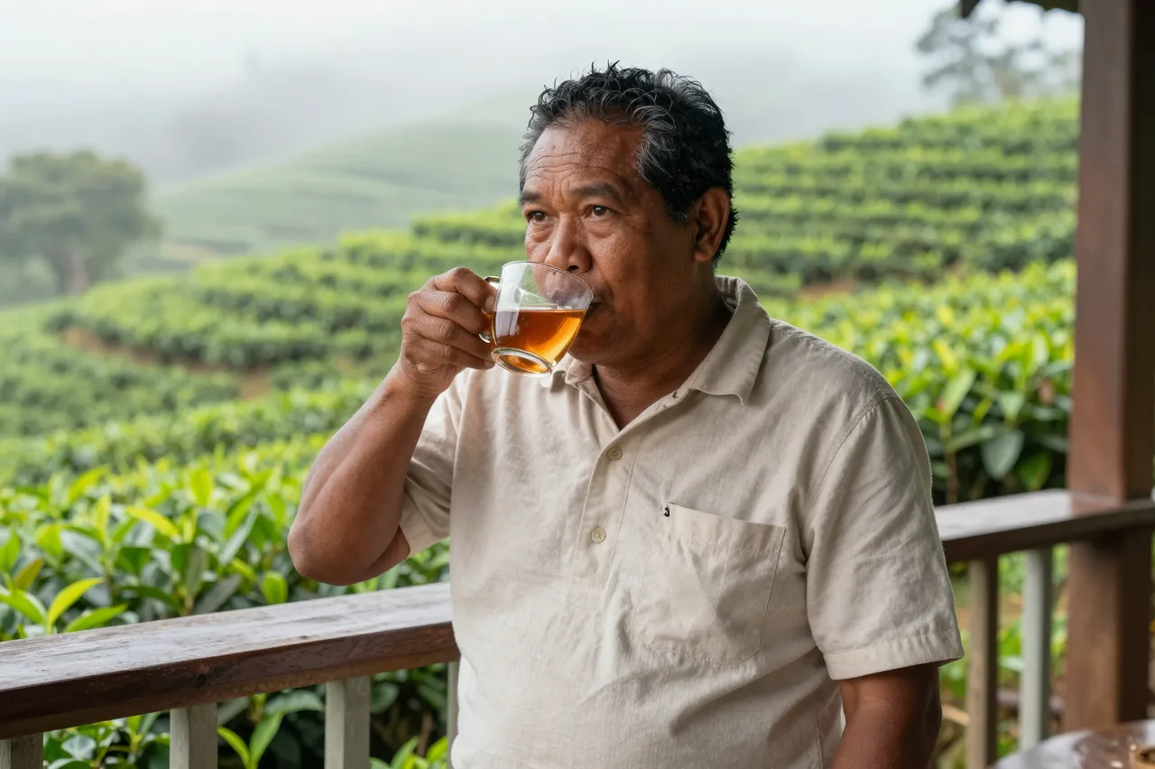 Middle aged Pacific Islander man drinks tea from a glass on a wooden veranda overlooking misty terraced tea fields.