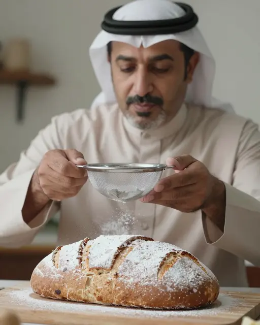 Middle Eastern man in traditional attire sifts powdered sugar over a loaf of fresh bread using a small metal sieve.