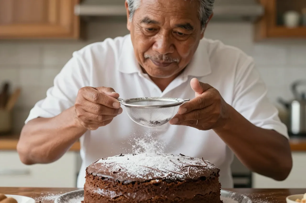 A senior Pacific Islander man dusts powdered sugar onto a chocolate cake using a small sieve in a warm kitchen