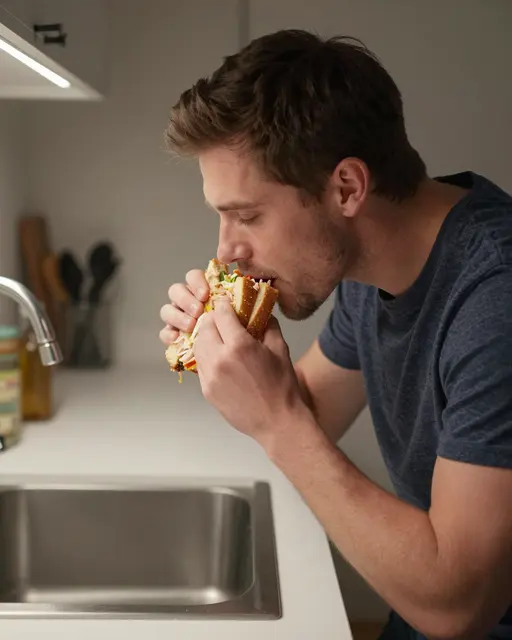 Side view of a man in his thirties eating a leftover sandwich over a kitchen sink at night