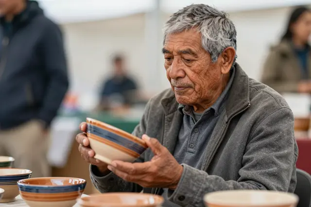 Senior Indigenous man examines a handmade striped ceramic bowl at an outdoor craft stall table.