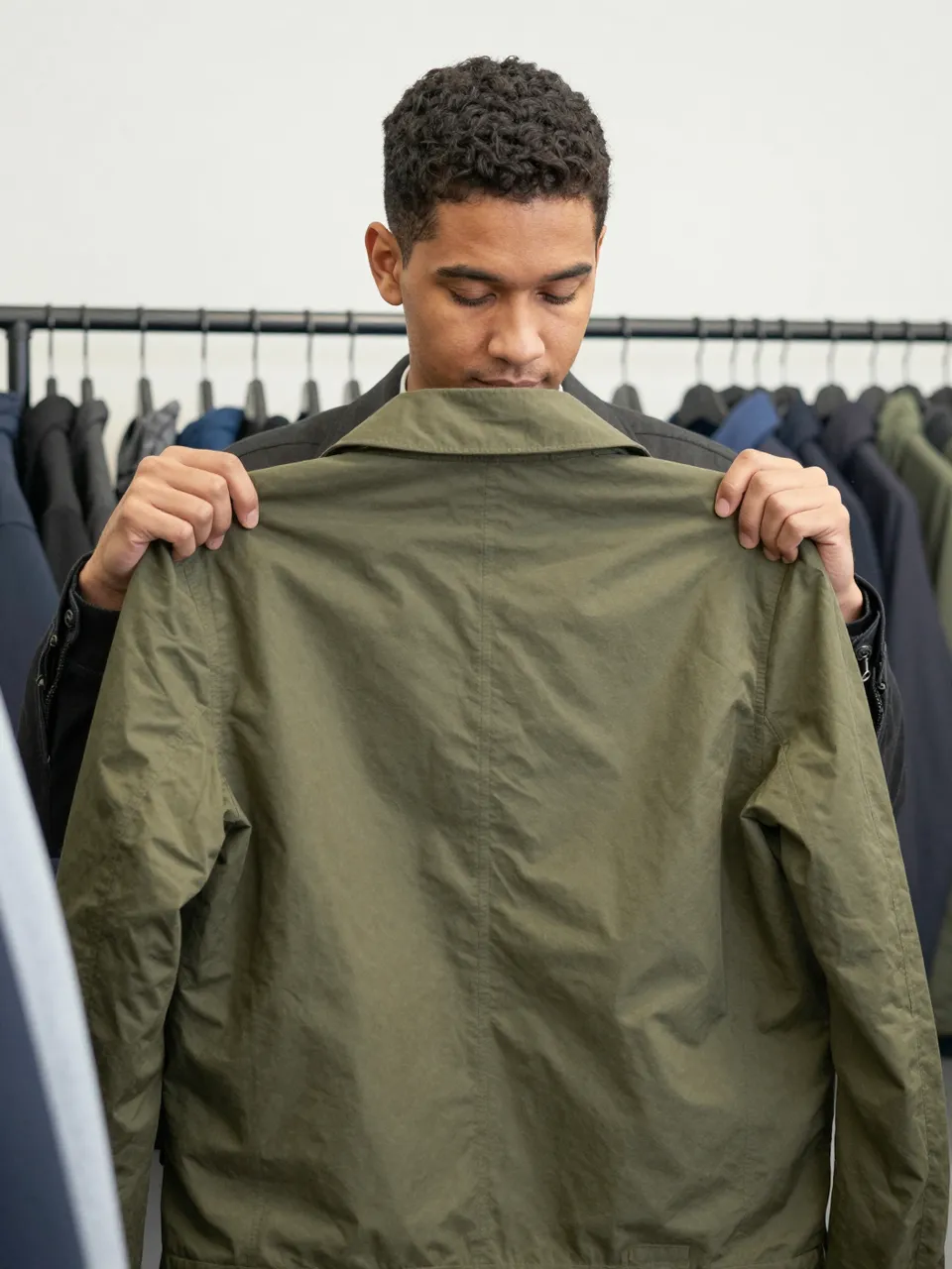 Mixed-race man in his late twenties holds an olive jacket up to inspect it at a clothing store rail.