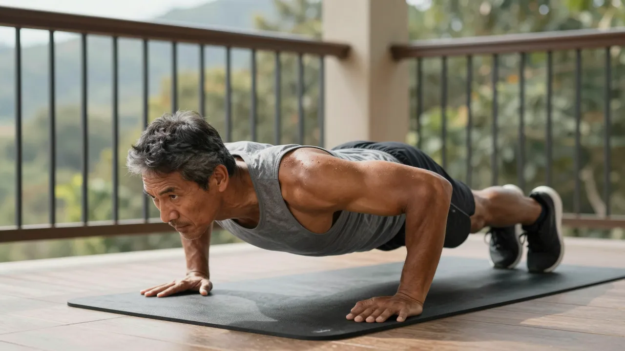 Middle aged man holds a plank position on an exercise mat on a sunlit balcony with a mountain view