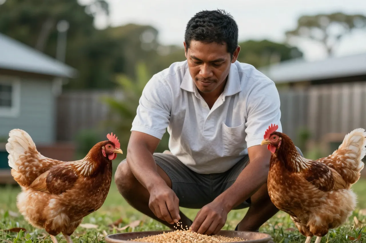 A Pacific Islander man crouches to scatter grain for two brown hens in a grassy backyard at dawn