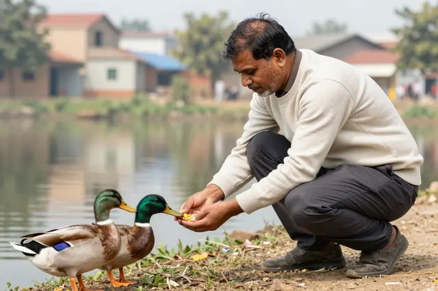 A South Asian man crouches at a pond edge holding feed out to two mallard ducks