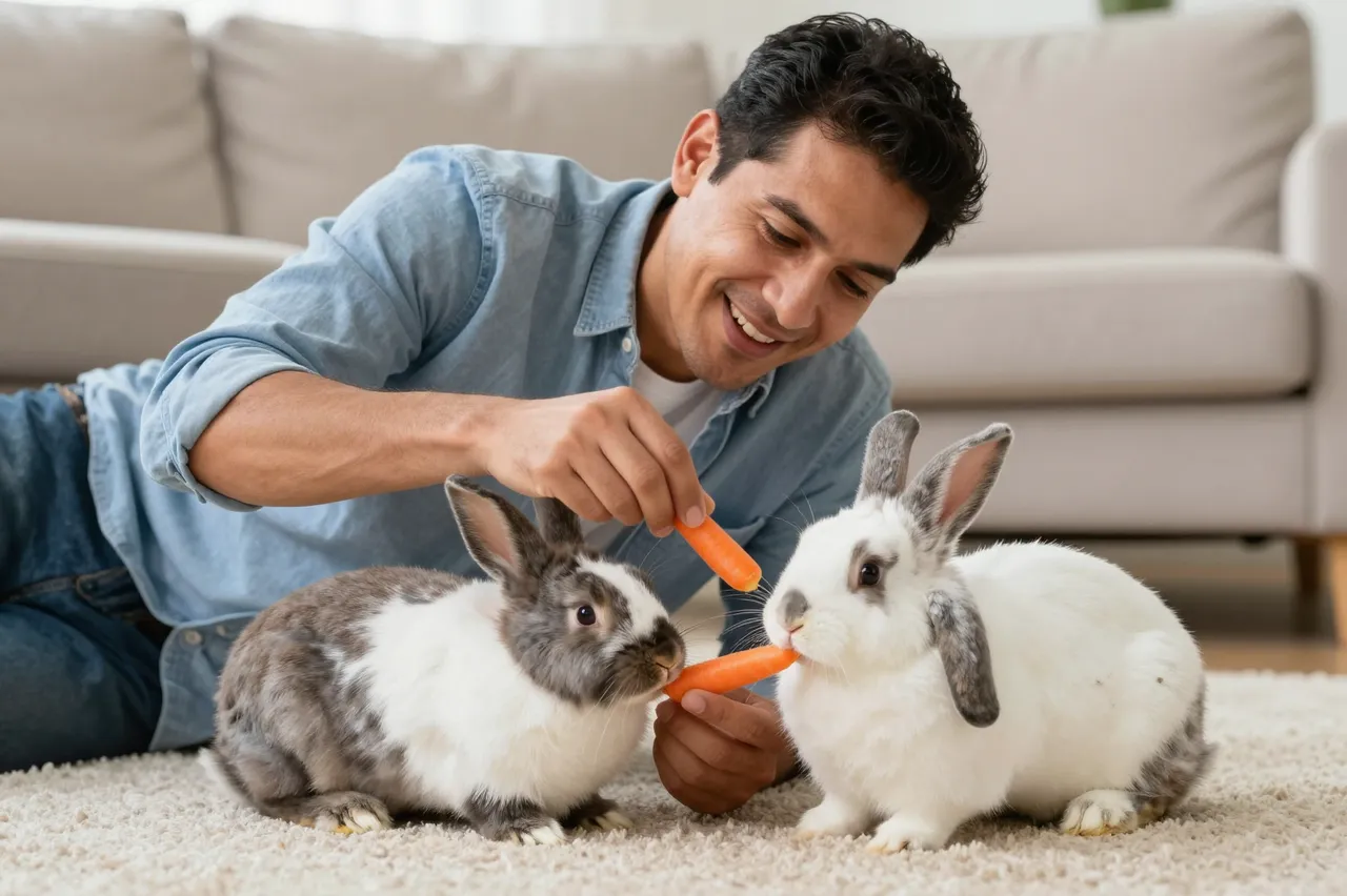 A smiling Latino man in his forties lies on a living room rug feeding carrots to two pet rabbits in soft daylight.