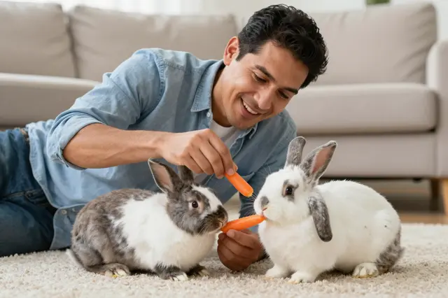 A smiling Latino man in his forties lies on a living room rug feeding carrots to two pet rabbits in soft daylight.