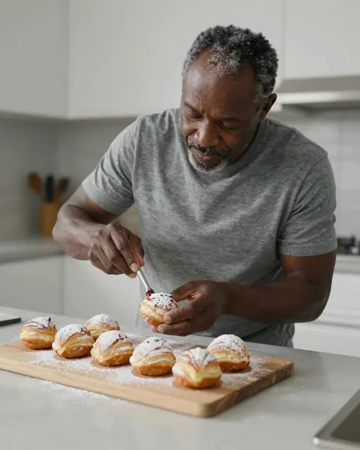 Older Black man in a gray shirt pipes jam into powdered sugar dusted sufganiyot on a kitchen counter