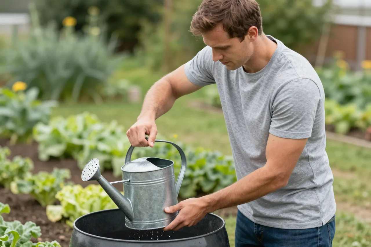 A man in a gray t-shirt fills a metal watering can from a rain barrel beside a vegetable patch