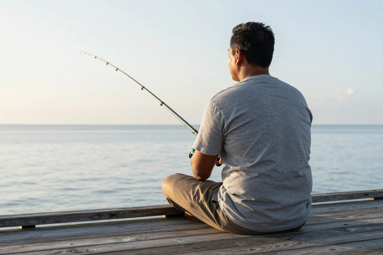 Back view of a man in a gray t-shirt sitting on a wooden dock fishing at calm sunrise over the ocean