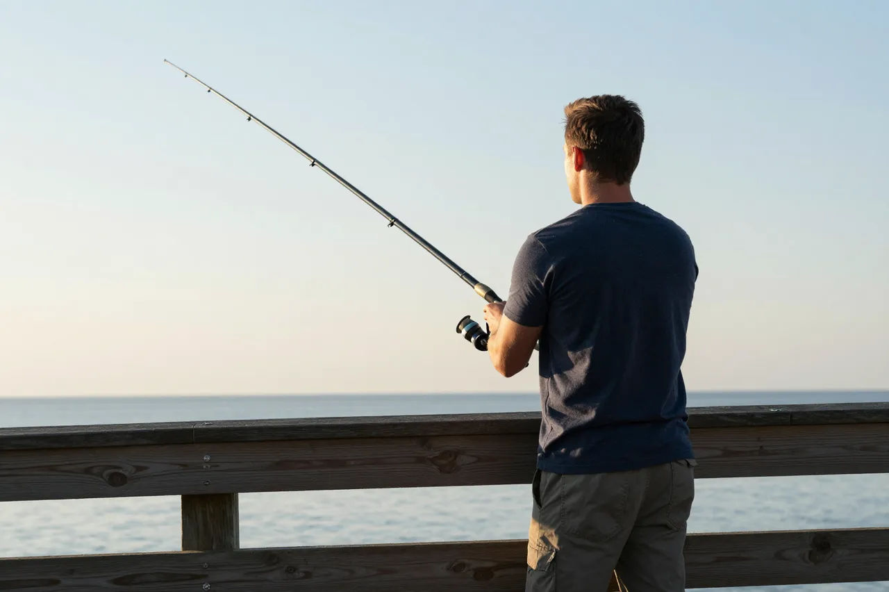 A man seen from behind holds a fishing rod while standing on a wooden pier over calm water at dawn.