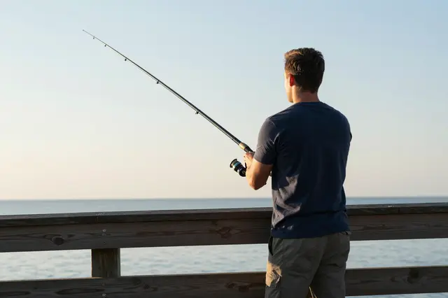 A man seen from behind holds a fishing rod while standing on a wooden pier over calm water at dawn.