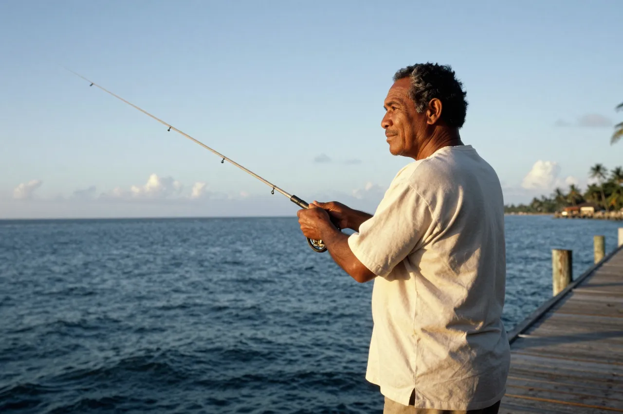 Senior Pacific Islander man holds a fishing rod while standing on a wooden pier overlooking the ocean at sunset