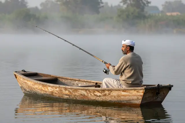 A middle aged man sits fishing with a rod from a weathered wooden rowboat on a misty calm pond