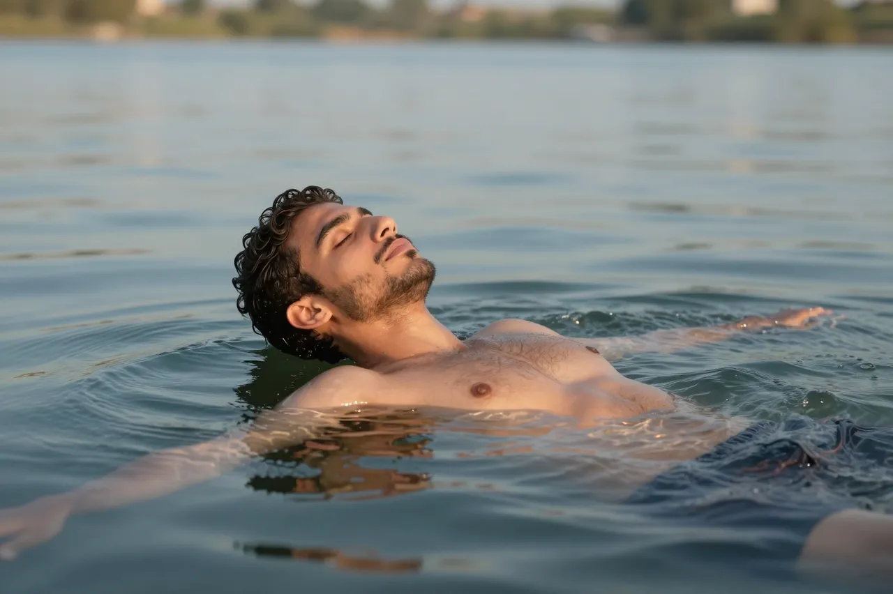 A young Middle Eastern man floats on his back in calm lake water with eyes closed in peaceful relaxation.