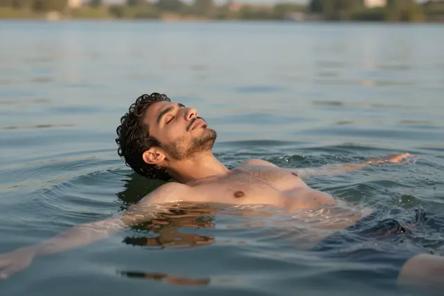 A young Middle Eastern man floats on his back in calm lake water with eyes closed in peaceful relaxation.