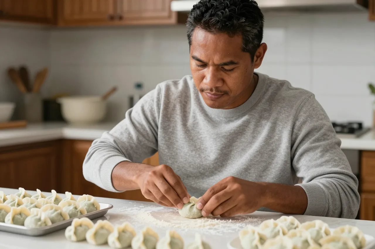 A Pacific Islander man folds dumplings at a floured kitchen table beside trays of finished dumplings.