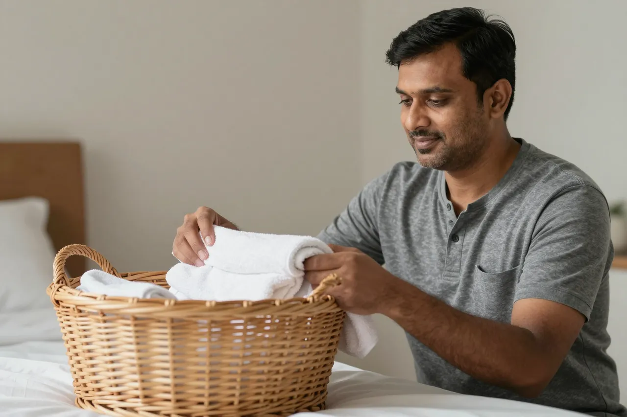 A South Asian man folds white towels next to a wicker laundry basket on a sunlit bedroom bed